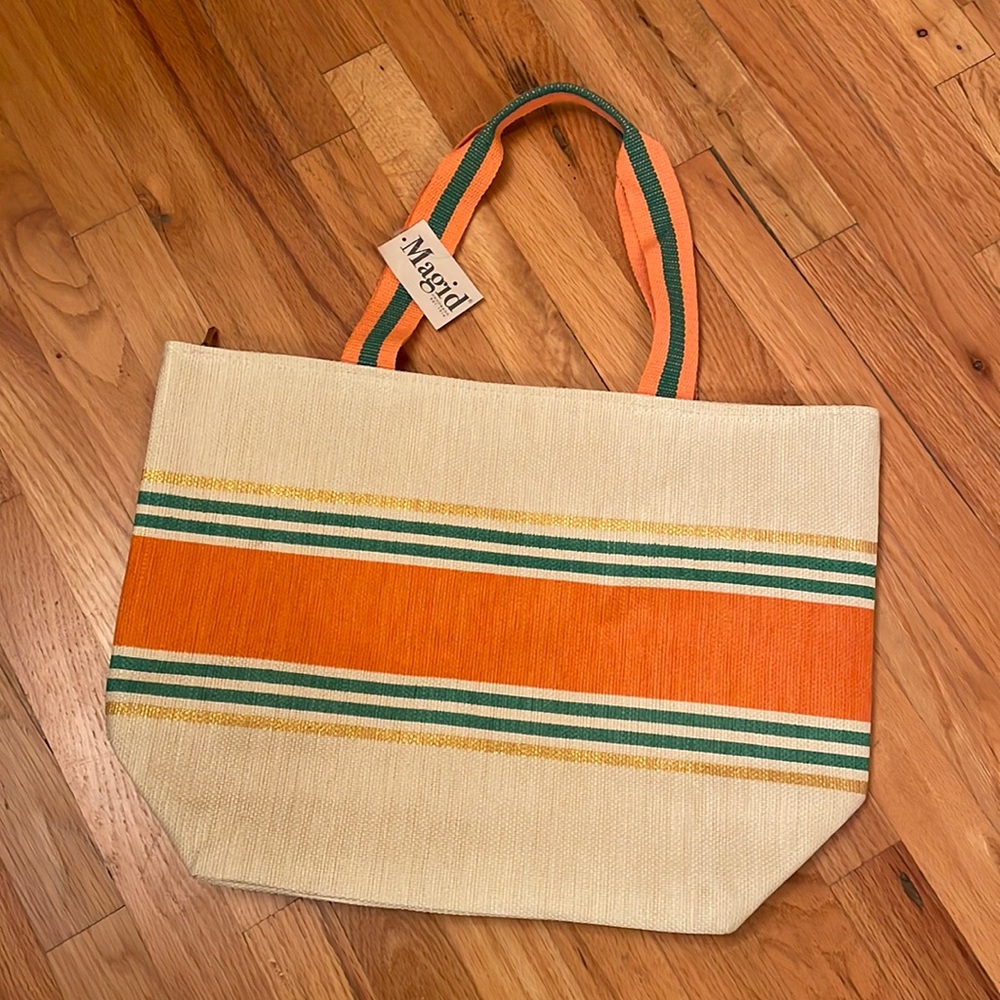 Magid Large Zippered Tote. Natural/Orange/Green/Gold Striped w/ Handles. NWT!!